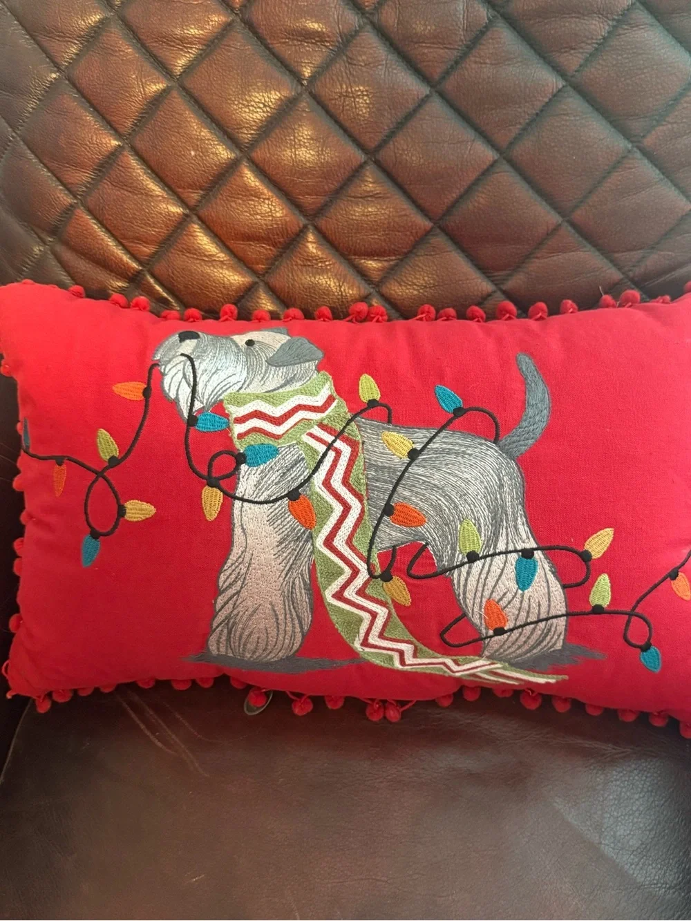 Pier 1 Schnauzer Dog Christmas Pillow Light Up Flashing Pom-Pom Trim